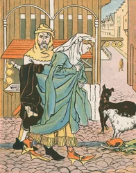 Eine Dame überquert die Straße in alten Zeiten