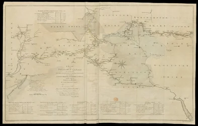 Plan der schiffbaren Kanäle, die derzeit im Inland des Königreichs gebaut werden, um eine Verbindung zu den Häfen von London, Bristol, Liverpool und Hull sowie zu den angrenzenden Städten und Flüssen zu eröffnen. Von James Brindley Ingenieur. Gezeichnet vo