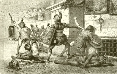 Ein römischer Feiertag. Kampf der Gladiatoren. Der Besiegte appelliert an die Zuschauer