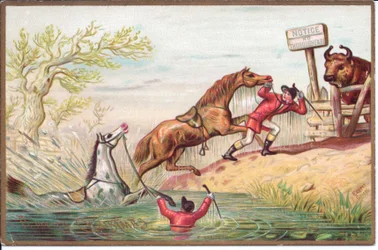 Viktorianische Weihnachtskarte eines Pferdes, das im Wasser zappelt, während das andere von seinem Reiter an Land gezogen wird, um 1880 (Farblitho)