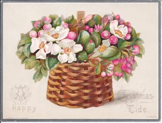 Viktorianische Weihnachtskarte mit Blumen und Blättern in einem Weidenkorb, ca. 1880