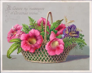 Viktorianische Weihnachtskarte mit Blumen in einem Weidenkorb, ca. 1880