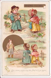 Viktorianische Weihnachtskarte mit zwei Kindern und einem Hasen, ca. 1880