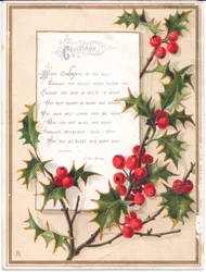 Eine viktorianische Weihnachtskarte mit einem großen Stechpalmenzweig und einem Vers, ca. 1880