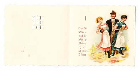 Eine viktorianische Grußkarte eines Gentlemans mit zwei Dienstmädchen, ca. 1880