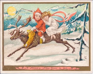 Viktorianische Neujahrskarte mit einem Mädchen und einem Jungen als Feen, die auf einem Rentier bei Mondschein reiten, ca. 1880