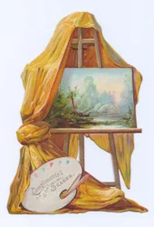 Eine viktorianische Stanzkarte eines Gemäldes auf einer Staffelei mit einem Tuch darauf, um 1880