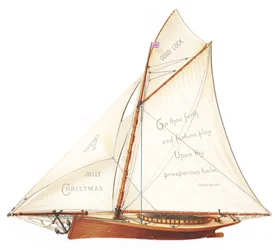 Viktorianische dreidimensionale Weihnachtskarte eines Segelbootes, ca. 1880