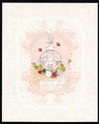 Eine viktorianische Spitzen-Valentinskarte mit einem Brunnen und Blumen, um 1870