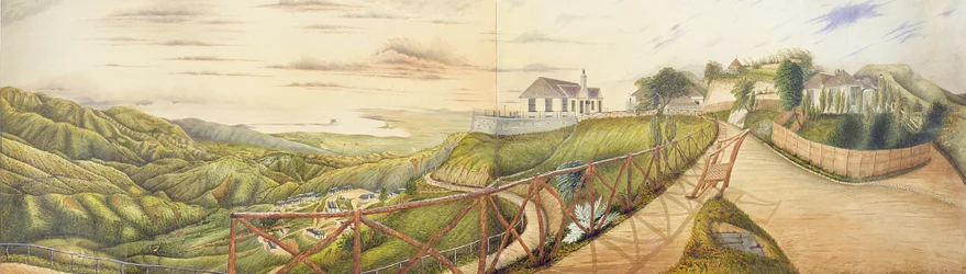 Ein Blick Richtung Kingston vom Militärsanatorium in Newcastle, Blue Mountains, Jamaika, 1855
