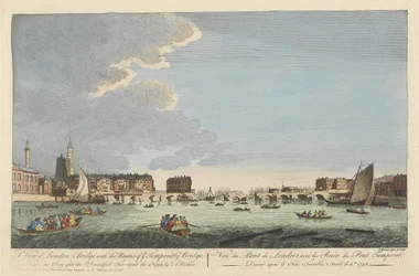 Ansicht der London Bridge mit den Ruinen der provisorischen Brücke nach dem Brand vom 11. April 1758 (farbige Gravur)