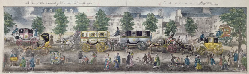 Ansicht der Boulevards von Paris mit den neuen Kutschen, 1828 (Farbstich)