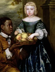 Ein junges Mädchen, dem ein Diener einen Korb mit Früchten anbietet, ca. 1650