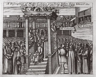 Eine Beschreibung von Meister Latimer, der vor König Edward VI. in der Predigtstätte in Westminster predigt, Illustration aus Acts and Monuments von John Foxe, neunte Ausgabe, veröffentlicht 1684