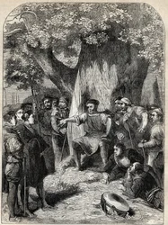 Eine Gruppe von Andersdenkenden in Norfolk während der Rebellion von Robert Kett im Jahr 1549 - Revolte in Norfolk, England während der Herrschaft von Edward VI - Ket der Gerber (1492-1549) hält eine Rede unter der Eiche der Reformation - Gravur aus „Gesch