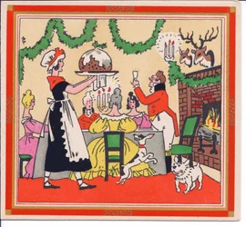 Handkolorierte französische Pochoir-Weihnachtskarte einer Magd, die einen Weihnachtskuchen serviert, ca. 1920
