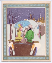 Eine handkolorierte französische Pochoir-Weihnachtskarte eines Rencecy-Paares in einer offenen Kutsche, die durch den Schnee fährt, ca. 1920