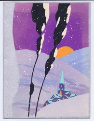 Eine handkolorierte französische Pochoir-Weihnachtskarte mit einer Schneeszene in den Bergen bei Sonnenuntergang und einer Kirche, um 1920