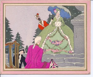 Eine handkolorierte französische Pochoir-Weihnachtskarte mit einem Mann mit Perücke, der aus einer Sänfte steigt und von einer Dame in einem hermelingefütterten Mantel mit ihrem Schwarzen Diener empfangen wird, um 1920