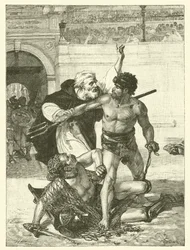 Ein Mönch, Telemachus, versucht die Gladiatorenspiele im Kolosseum, Rom zu stoppen
