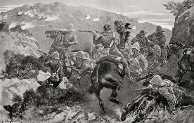 Eine Patrouille der 13. Husaren wird in der Nähe des Tugela-Flusses, Hussar Hill, KwaZulu-Natal-Provinz während des Zweiten Burenkriegs überrascht, aus 