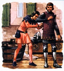Ein Knappe zeigt, wie er die Rüstung des Schwarzen Prinzen vor der Schlacht von Crécy anlegt