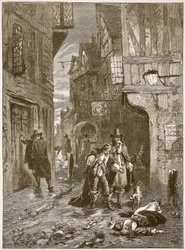 Eine Straße in London während der Großen Pest, Illustration aus Cassells Illustrierter Geschichte Englands