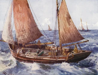 Ein Trawler auf See (Farblithographie)