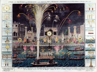 Ansicht des Feuerwerks und der Illuminationen bei Seiner Gnaden, dem Herzog von Richmond, in Whitehall und auf der Themse, am Montag, dem 15. Mai 1749