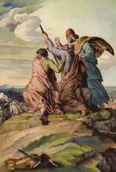 Aaron und Hur halten die Hände von Moses hoch, während Joshua und die Israeliten die Amalekiter besiegen