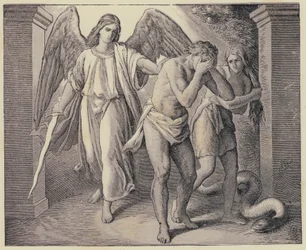 Adam und Eva werden aus dem Garten Eden vertrieben (Gravur)