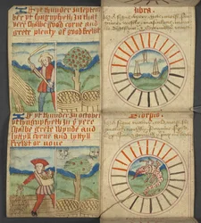 Waage & Skorpion, aus Almanach, enthält Tabelle der dominikanischen Buchstaben und goldenen Zahlen; Anweisungen zur Bestimmung der beweglichen Feste; Kalender der Heiligen, Epochen, Liste der englischen Herrscher, Wettervorhersagen, Einfluss der Zeichen