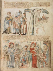 Judas gibt die dreißig Silberlinge zurück; der Tod des Judas; Christus vor Pilatus und vor Herodes, aus dem Holkham Bible Picture Book, ca. 1320-30