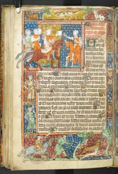 König (Alexander) und Aristoteles übergeben einem Boten einen Brief, aus Secretum Secretorum