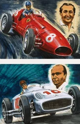 Alberto Ascari fährt einen Maserati (oben) und Juan Manuel Fangio fährt einen Mercedes-Benz (unten)