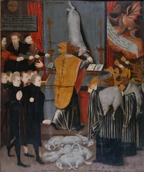 Eine antikatholische Allegorie mit Porträts von Stephen Gardiner, dem Bischof von Winchester, und den Bischöfen Bonner und Tunstall als Wölfe, und mit den Körpern von Hooper, Cranmer, Goodrich, Ridley Latimer und Rogers als Lämmer, ca. 1555