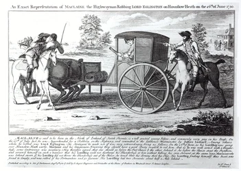Eine genaue Darstellung des Straßenräubers Maclaine, der Lord Eglington auf dem Hounslow Heath am 26. Juni 1750 ausraubt