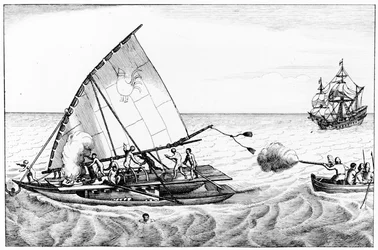 Ein Vorfall während der Weltumsegelung von Le Maire und Schouten 1615-16, aus Band II der Chronological History of the Voyages and Discoveries in the South Sea