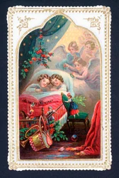Engel wachen über Kinder im Bett, Weihnachtskarte