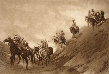 Arabische berittene Polizei half den Briten beim Überqueren des ausgetrockneten Bettes eines alten Kanals, 1914-19