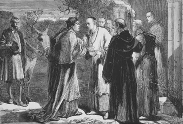 Ankunft von Wolsey in der Abtei von Leicester, Illustration aus The History of Protestantism von James Aitken Wylie, veröffentlicht 1878