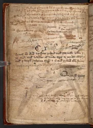 Arundel 292, f.114v, Manuskript mit vielen Federproben, die zeigen, welches Hindernis die Feder für die Massenalphabetisierung darstellte (Feder & Tinte auf Papier)
