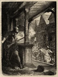 Ermordung des Regenten Murray (James Stewart Moray) - James Stewart Moray (ca. 1531-70), Regent von Schottland für König James VI - Gravur aus „Geschichte Englands“ von Cassell Petter & Galpin