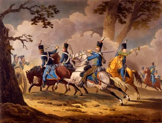 Österreichische Infanterie verteidigt ihre Artillerie gegen preußische Husaren, aus der Serie Kavallerieaktionen der Alliierten während der napoleonischen Feldzüge, veröffentlicht 1799-1802