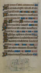 Bas-de-page-Szene zeigt Thomas Becket und Gefährten, die den Kanal in einem Boot überqueren, während sie ins Exil nach Frankreich reisen, Illustration aus dem 