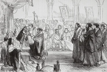 Beza überreicht dem König das Glaubensbekenntnis der französischen protestantischen Kirche beim Kolloquium von Poissy, Illustration aus Die Geschichte des Protestantismus von James Aitken Wylie, veröffentlicht 1878
