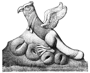Vogel mit ausgebreiteten Flügeln und phallischem Schwanz, auf vier Eiern sitzend, gallorömische Skulptur aus Nîmes in Frankreich