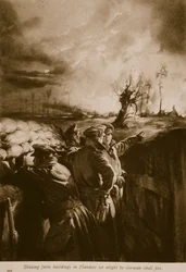 Brennende Bauernhöfe in Flandern durch deutsches Artilleriefeuer entzündet, 1914-19