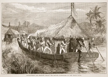 Matrosen und Marinesoldaten staken die britische Expedition den Perak-Fluss hinauf, Illustration aus Cassells Illustrierter Geschichte Englands