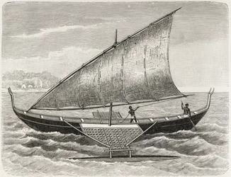 Boot der Mortlock-Inseln, mit Ausleger und Segel aus Schilfrohrmatten, aus 